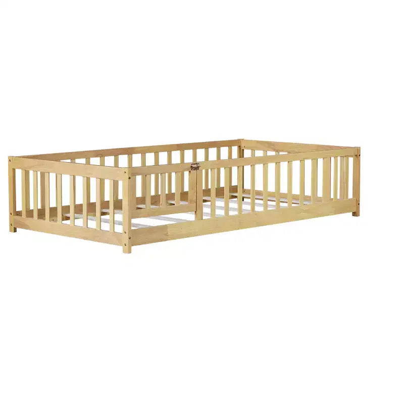 Twin Floor Bed with Fence & Door, Low Profile Montessori Kids Bed Frame, Solid Rubber Wood, Safety Guardrails, Easy Assembly