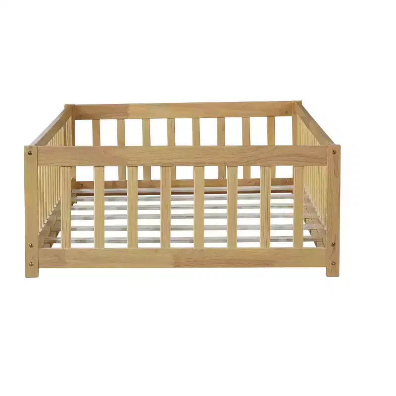 Twin Floor Bed with Fence & Door, Low Profile Montessori Kids Bed Frame, Solid Rubber Wood, Safety Guardrails, Easy Assembly
