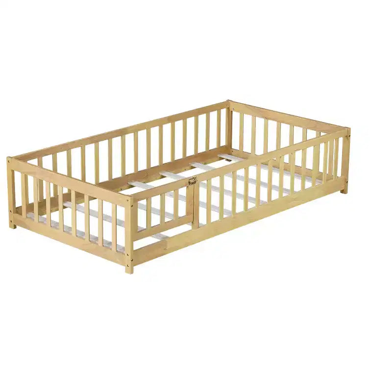 Twin Floor Bed with Fence & Door, Low Profile Montessori Kids Bed Frame, Solid Rubber Wood, Safety Guardrails, Easy Assembly