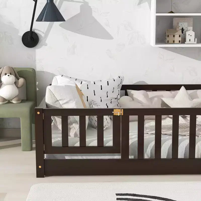 Twin Floor Bed with Fence & Door, Low Profile Montessori Kids Bed Frame, Solid Rubber Wood, Safety Guardrails, Easy Assembly