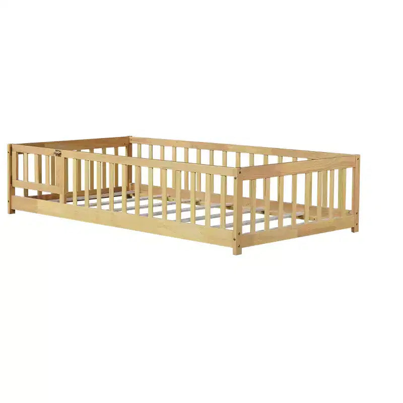 Twin Floor Bed with Fence & Door, Low Profile Montessori Kids Bed Frame, Solid Rubber Wood, Safety Guardrails, Easy Assembly
