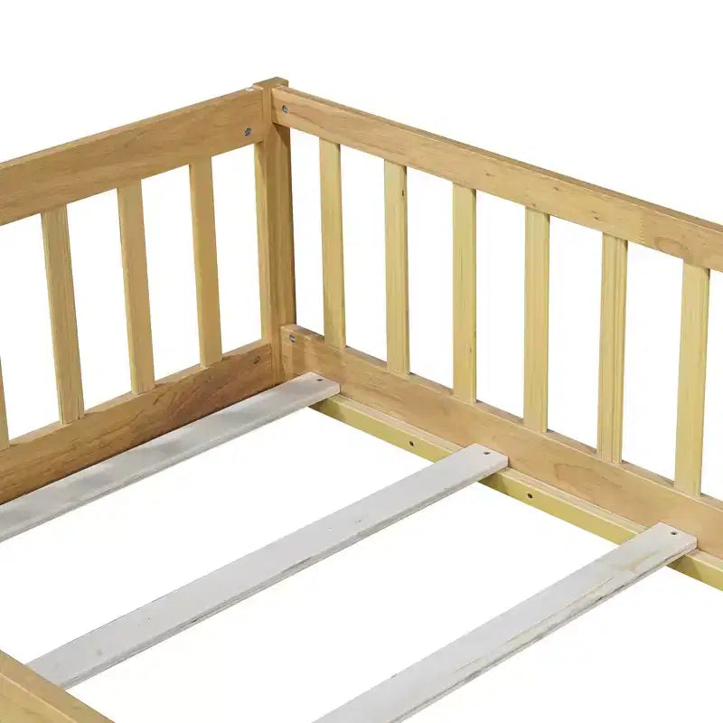 Twin Floor Bed with Fence & Door, Low Profile Montessori Kids Bed Frame, Solid Rubber Wood, Safety Guardrails, Easy Assembly