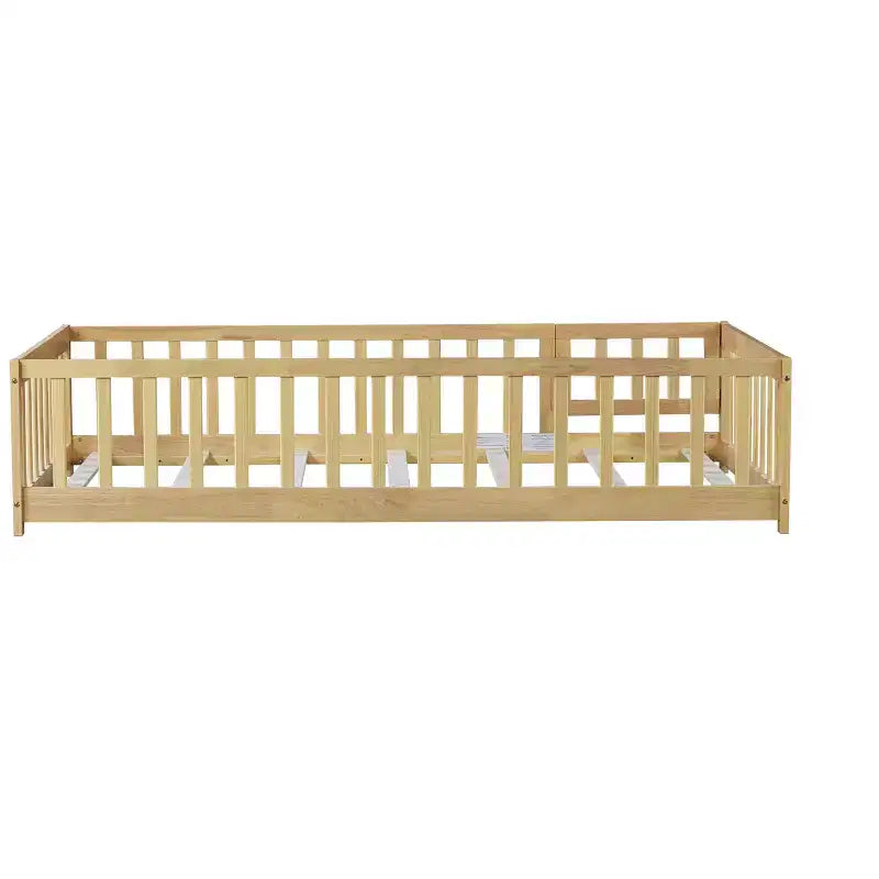 Twin Floor Bed with Fence & Door, Low Profile Montessori Kids Bed Frame, Solid Rubber Wood, Safety Guardrails, Easy Assembly