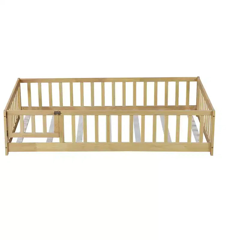 Twin Floor Bed with Fence & Door, Low Profile Montessori Kids Bed Frame, Solid Rubber Wood, Safety Guardrails, Easy Assembly