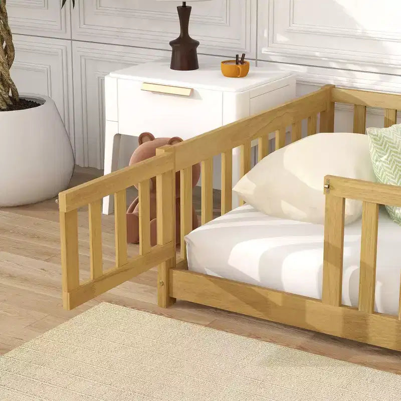 Twin Floor Bed with Fence & Door, Low Profile Montessori Kids Bed Frame, Solid Rubber Wood, Safety Guardrails, Easy Assembly