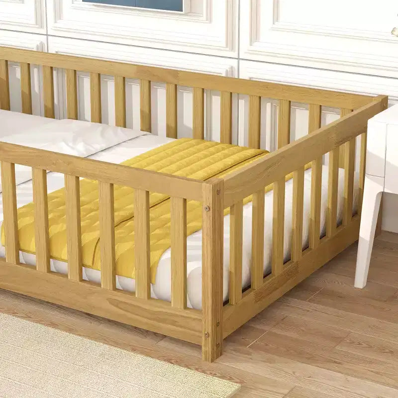 Twin Floor Bed with Fence & Door, Low Profile Montessori Kids Bed Frame, Solid Rubber Wood, Safety Guardrails, Easy Assembly