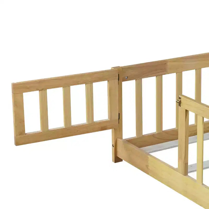 Twin Floor Bed with Fence & Door, Low Profile Montessori Kids Bed Frame, Solid Rubber Wood, Safety Guardrails, Easy Assembly