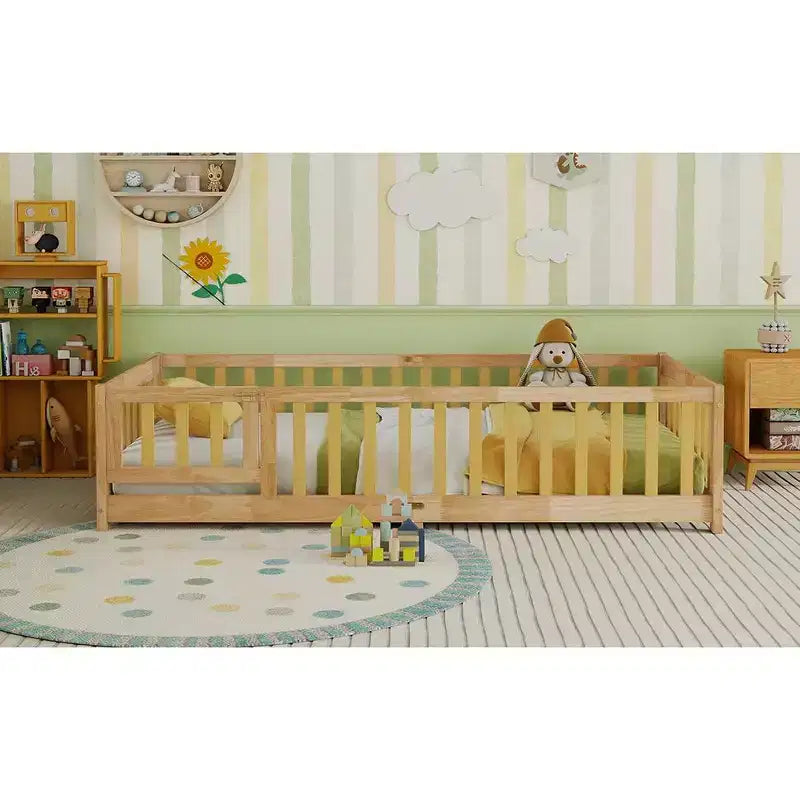Twin Floor Bed with Fence & Door, Low Profile Montessori Kids Bed Frame, Solid Rubber Wood, Safety Guardrails, Easy Assembly