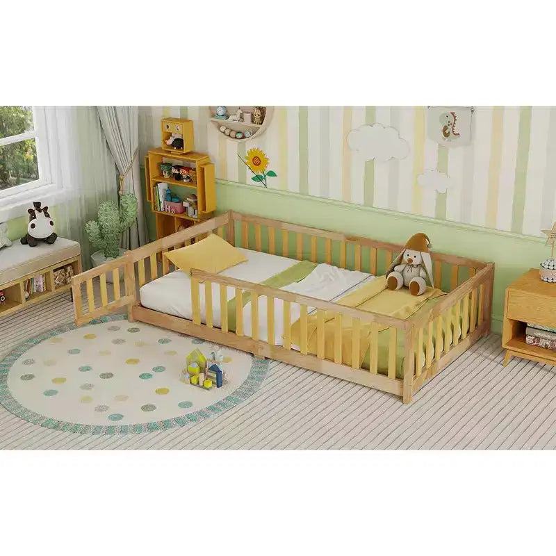Twin Floor Bed with Fence & Door, Low Profile Montessori Kids Bed Frame, Solid Rubber Wood, Safety Guardrails, Easy Assembly