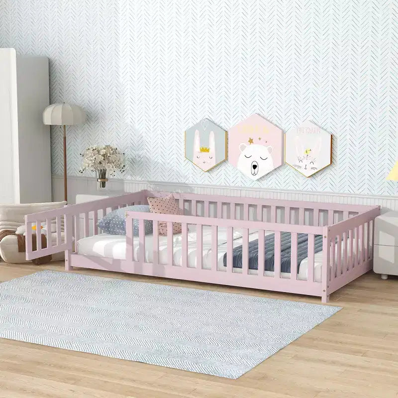 Twin Floor Bed with Fence & Door, Low Profile Montessori Kids Bed Frame, Solid Rubber Wood, Safety Guardrails, Easy Assembly