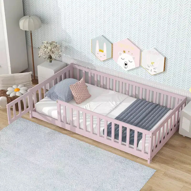 Twin Floor Bed with Fence & Door, Low Profile Montessori Kids Bed Frame, Solid Rubber Wood, Safety Guardrails, Easy Assembly