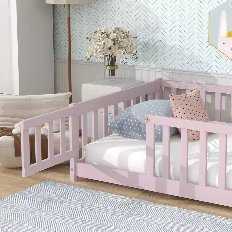 Twin Floor Bed with Fence & Door, Low Profile Montessori Kids Bed Frame, Solid Rubber Wood, Safety Guardrails, Easy Assembly