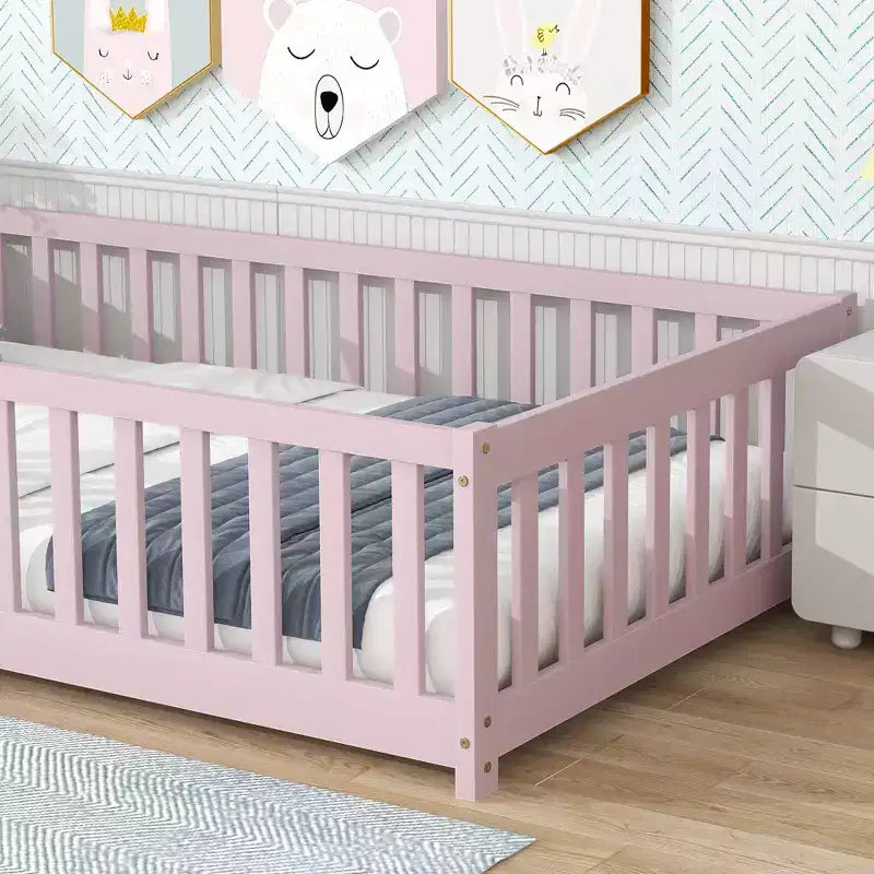 Twin Floor Bed with Fence & Door, Low Profile Montessori Kids Bed Frame, Solid Rubber Wood, Safety Guardrails, Easy Assembly