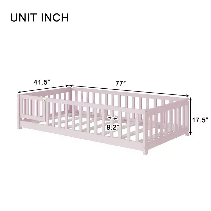 Twin Floor Bed with Fence & Door, Low Profile Montessori Kids Bed Frame, Solid Rubber Wood, Safety Guardrails, Easy Assembly