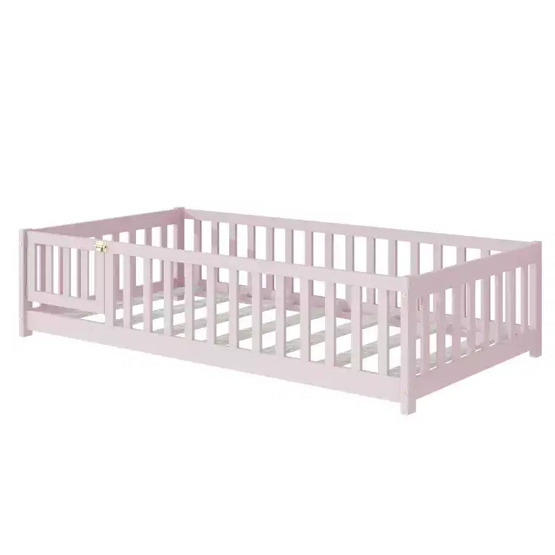 Twin Floor Bed with Fence & Door, Low Profile Montessori Kids Bed Frame, Solid Rubber Wood, Safety Guardrails, Easy Assembly