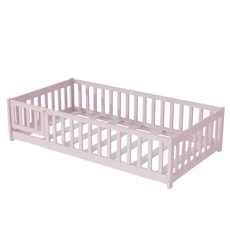Twin Floor Bed with Fence & Door, Low Profile Montessori Kids Bed Frame, Solid Rubber Wood, Safety Guardrails, Easy Assembly