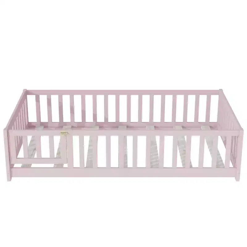 Twin Floor Bed with Fence & Door, Low Profile Montessori Kids Bed Frame, Solid Rubber Wood, Safety Guardrails, Easy Assembly