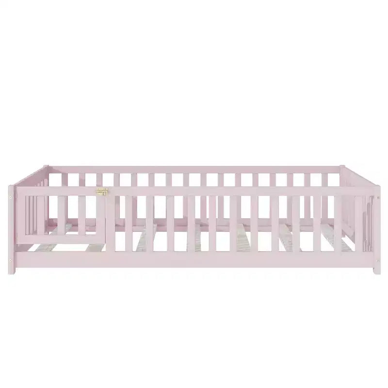Twin Floor Bed with Fence & Door, Low Profile Montessori Kids Bed Frame, Solid Rubber Wood, Safety Guardrails, Easy Assembly