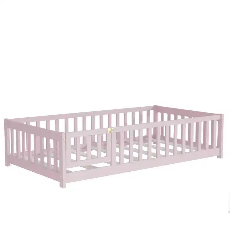 Twin Floor Bed with Fence & Door, Low Profile Montessori Kids Bed Frame, Solid Rubber Wood, Safety Guardrails, Easy Assembly