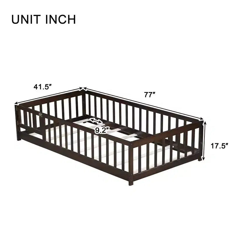 Twin Floor Bed with Fence & Door, Low Profile Montessori Kids Bed Frame, Solid Rubber Wood, Safety Guardrails, Easy Assembly