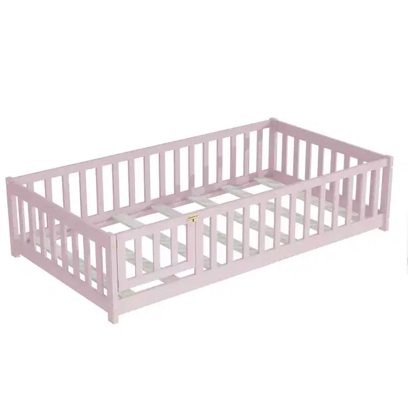 Twin Floor Bed with Fence & Door, Low Profile Montessori Kids Bed Frame, Solid Rubber Wood, Safety Guardrails, Easy Assembly
