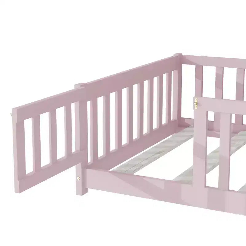 Twin Floor Bed with Fence & Door, Low Profile Montessori Kids Bed Frame, Solid Rubber Wood, Safety Guardrails, Easy Assembly