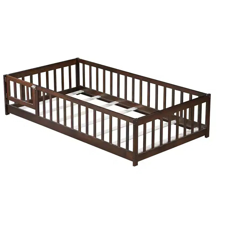 Twin Floor Bed with Fence & Door, Low Profile Montessori Kids Bed Frame, Solid Rubber Wood, Safety Guardrails, Easy Assembly