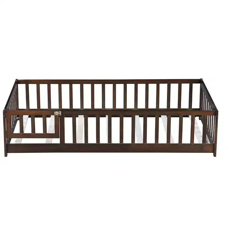 Twin Floor Bed with Fence & Door, Low Profile Montessori Kids Bed Frame, Solid Rubber Wood, Safety Guardrails, Easy Assembly