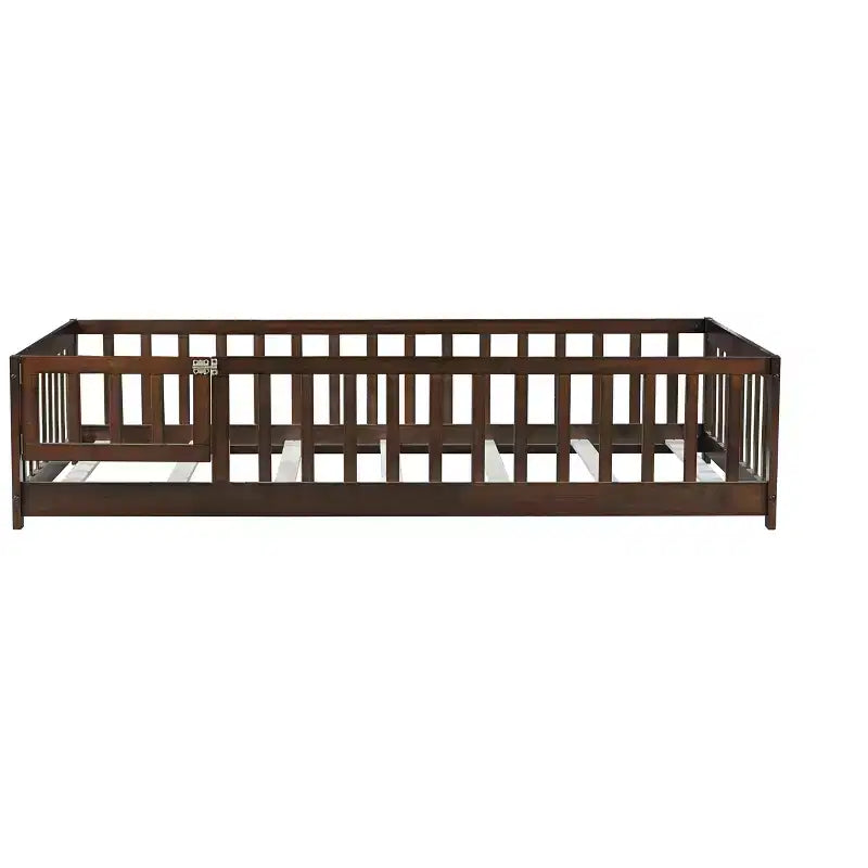 Twin Floor Bed with Fence & Door, Low Profile Montessori Kids Bed Frame, Solid Rubber Wood, Safety Guardrails, Easy Assembly