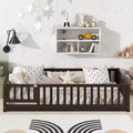 Bellemave Twin Floor Bed with Fence & Door, Low Profile Montessori Kids Bed Frame, Solid Rubber Wood, Safety Guardrails, Easy Assembly
