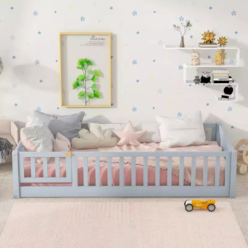 Twin Floor Bed with Fence & Door, Low Profile Montessori Kids Bed Frame, Solid Rubber Wood, Safety Guardrails, Easy Assembly