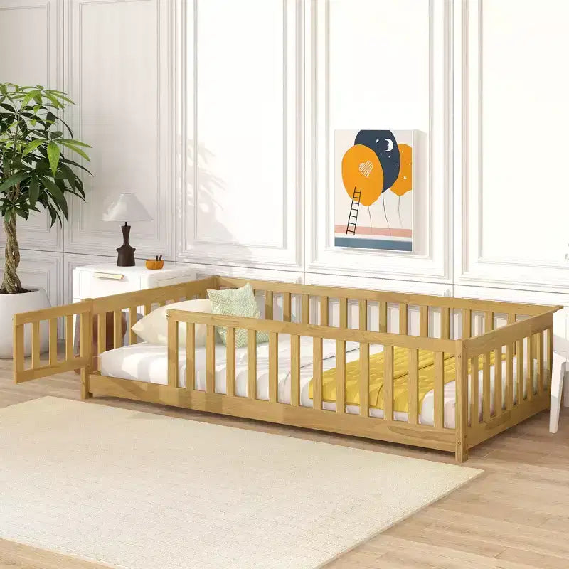 Twin Floor Bed with Fence & Door, Low Profile Montessori Kids Bed Frame, Solid Rubber Wood, Safety Guardrails, Easy Assembly