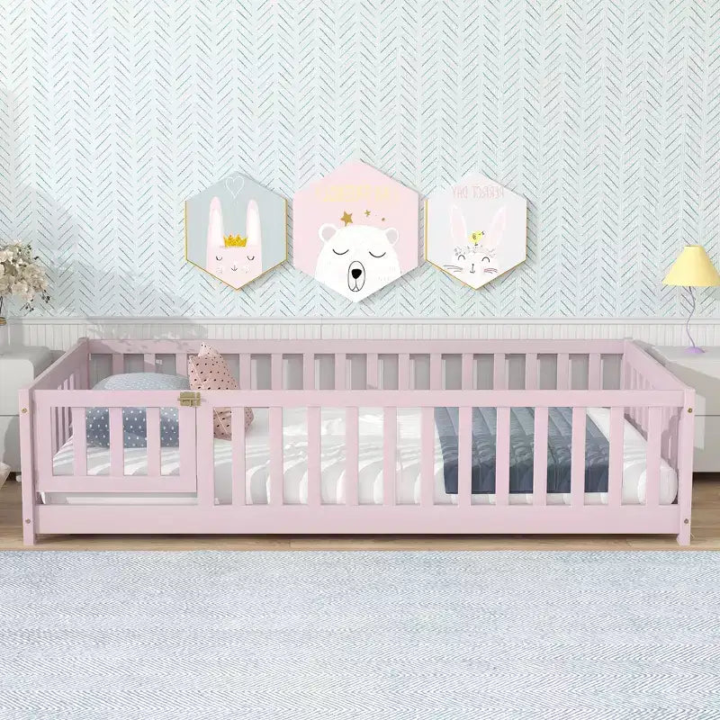 Twin Floor Bed with Fence & Door, Low Profile Montessori Kids Bed Frame, Solid Rubber Wood, Safety Guardrails, Easy Assembly