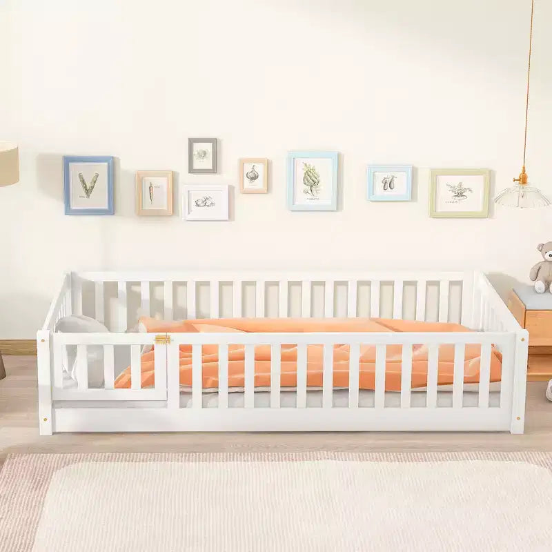 Twin Floor Bed with Fence & Door, Low Profile Montessori Kids Bed Frame, Solid Rubber Wood, Safety Guardrails, Easy Assembly