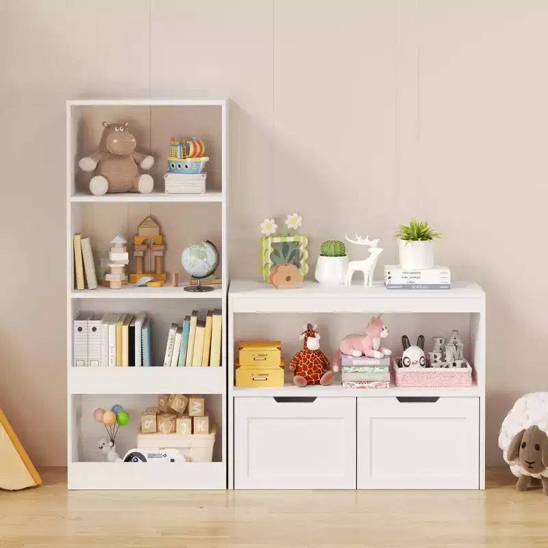 White Kids Book and Toy Storage Cabinet Organizer – Freestanding Bookshelf with Adjustable Shelves for Playroom or Bedroom