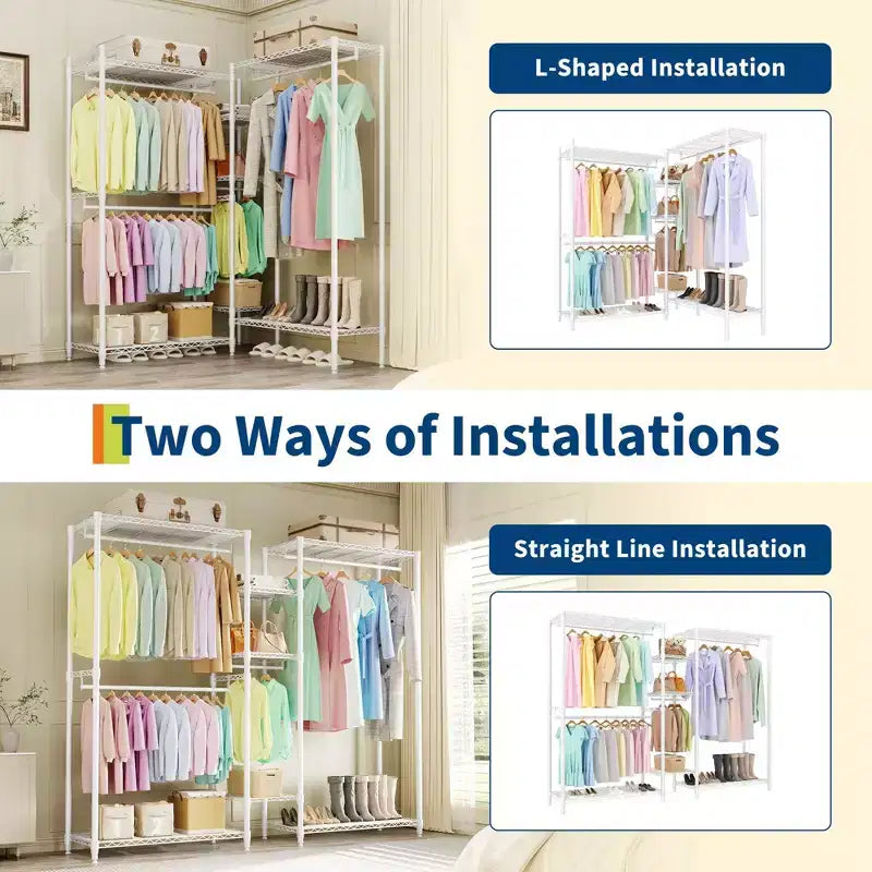 Heavy Duty L-Shaped Clothes Rack, 4 Hanging Rods, 1630 lbs Capacity, Freestanding Portable Closet Organizer