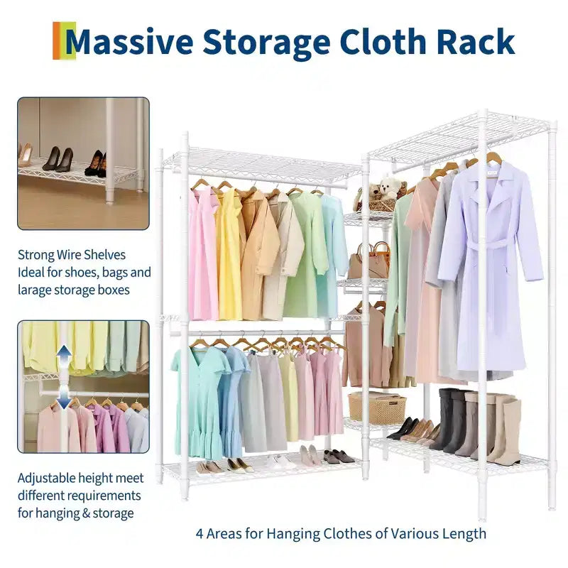 Heavy Duty L-Shaped Clothes Rack, 4 Hanging Rods, 1630 lbs Capacity, Freestanding Portable Closet Organizer