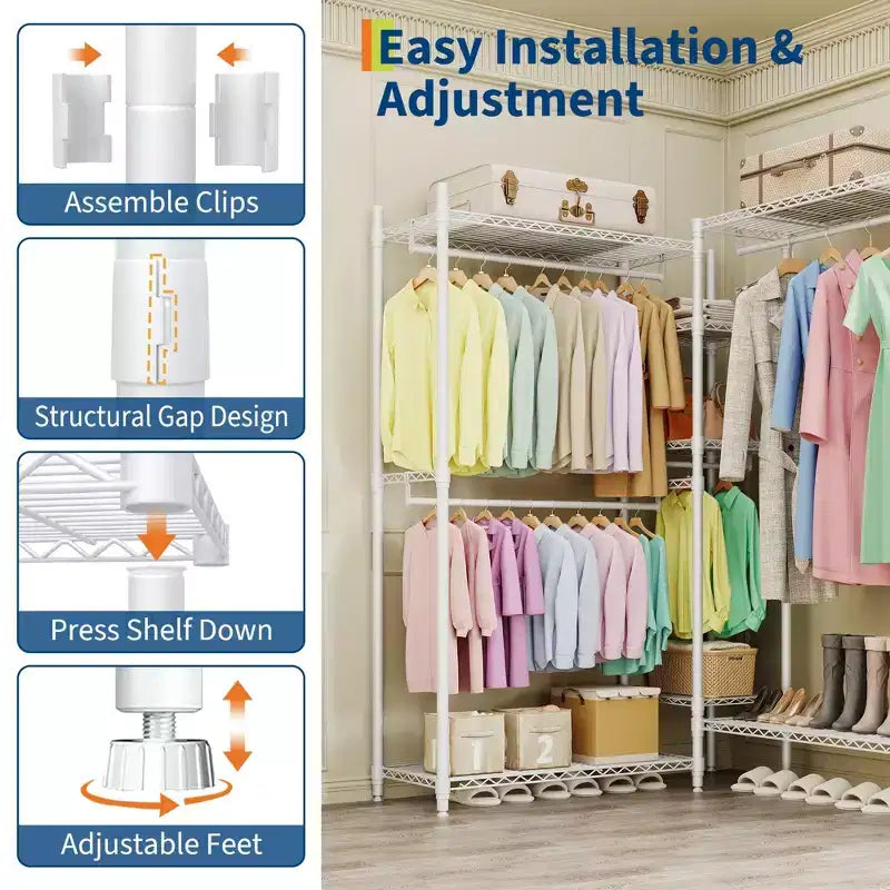 Heavy Duty L-Shaped Clothes Rack, 4 Hanging Rods, 1630 lbs Capacity, Freestanding Portable Closet Organizer