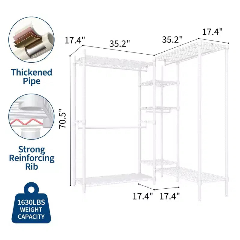 Heavy Duty L-Shaped Clothes Rack, 4 Hanging Rods, 1630 lbs Capacity, Freestanding Portable Closet Organizer
