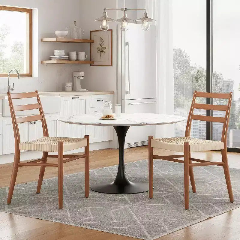 Mid Century Farmhouse Style Dining Chairs, Dining Room Chairs with Woven Rope Seat & Sturdy Metal Frame