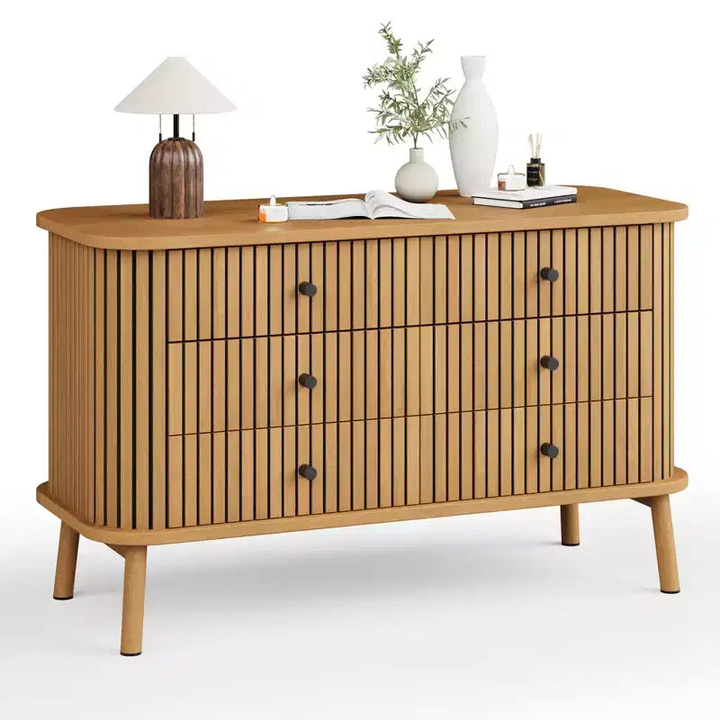 COZONY Boho 6-Drawer Double Dresser with Black Handles, Natural Wood Storage Chest for Bedroom, Living Room & Hallway