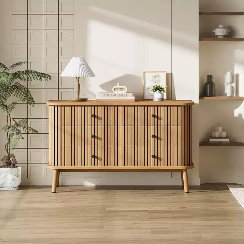 Boho 6-Drawer Double Dresser with Black Handles, Natural Wood Storage Chest for Bedroom, Living Room & Hallway