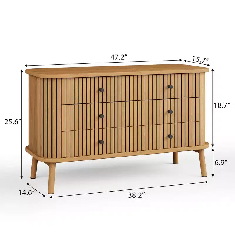 Boho 6-Drawer Double Dresser with Black Handles, Natural Wood Storage Chest for Bedroom, Living Room & Hallway