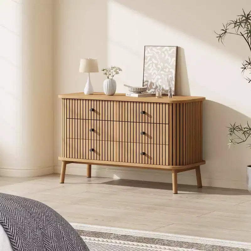 Boho 6-Drawer Double Dresser with Black Handles, Natural Wood Storage Chest for Bedroom, Living Room & Hallway