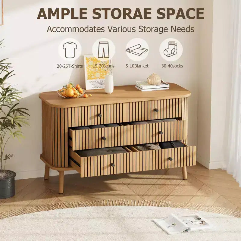 Boho 6-Drawer Double Dresser with Black Handles, Natural Wood Storage Chest for Bedroom, Living Room & Hallway