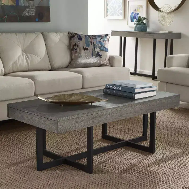 Modern Grey Coffee Table with 2 Storage Drawers – Wooden Living Room Center Table with Sturdy Frame