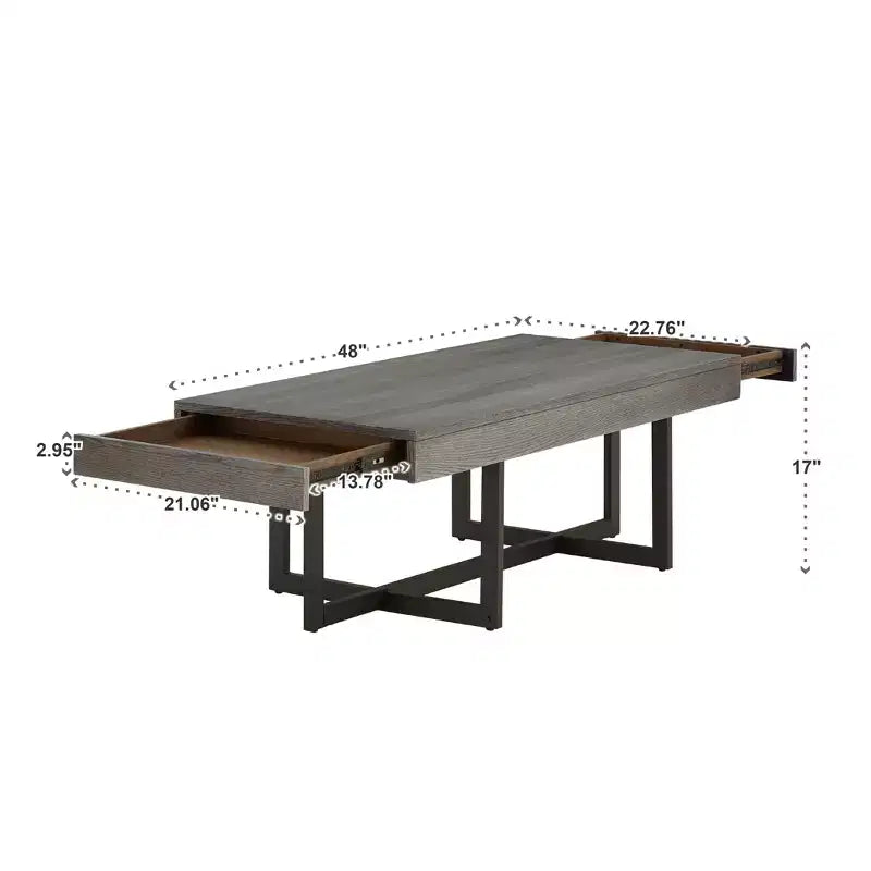 Modern Grey Coffee Table with 2 Storage Drawers – Wooden Living Room Center Table with Sturdy Frame