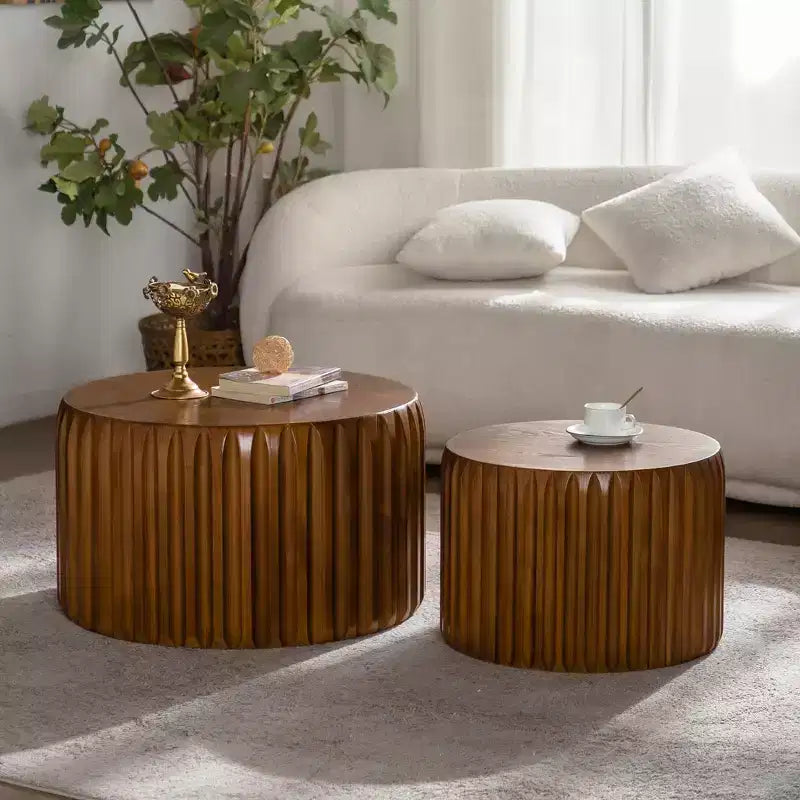 GDFStudio Philippa Mid Century Modern Round Wood Fluted Nesting Coffee Table (Set of 2)