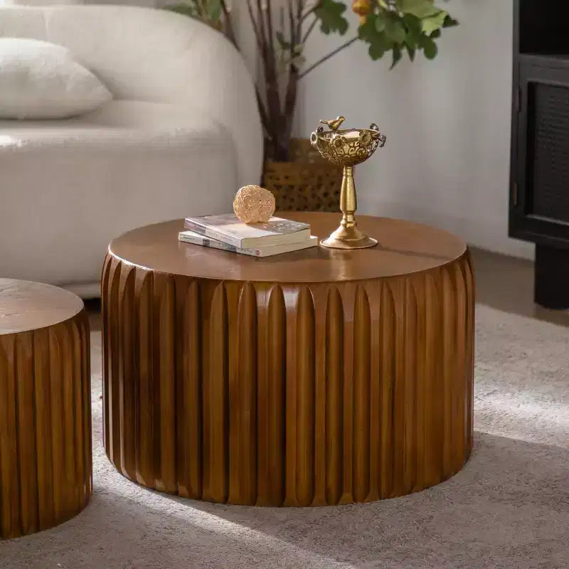 Mid Century Modern Round Wood Fluted Nesting Coffee Table