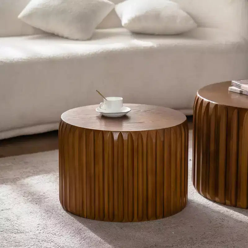 Mid Century Modern Round Wood Fluted Nesting Coffee Table